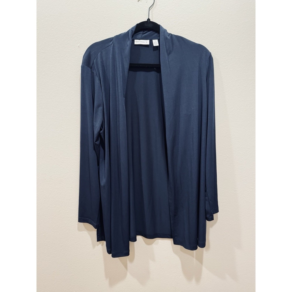 Susan Graver Liquid Knit Navy Blue Cardigan Womens Medium Travel Closet Staple